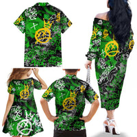 Graffiti Street Art Family Matching Off The Shoulder Long Sleeve Dress and Hawaiian Shirt Smoking Ape Character and Neon Crown Symbols in Green and Yellow Graphic Design - Wonder Print Shop