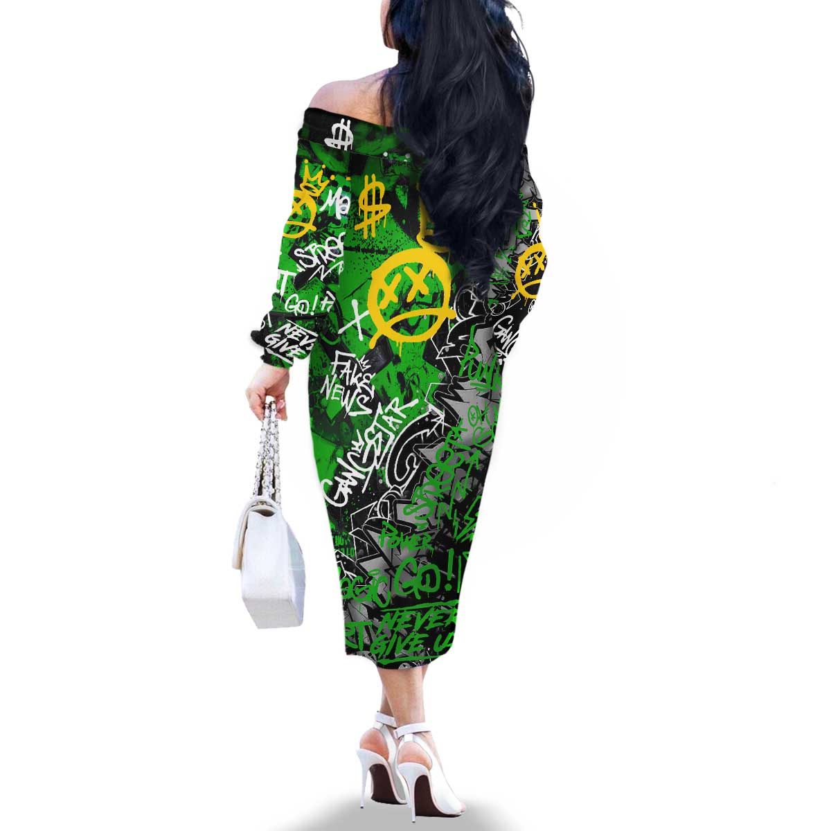 Graffiti Street Art Family Matching Off The Shoulder Long Sleeve Dress and Hawaiian Shirt Smoking Ape Character and Neon Crown Symbols in Green and Yellow Graphic Design - Wonder Print Shop