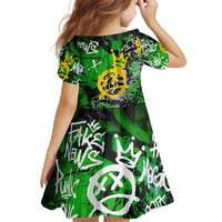 Graffiti Street Art Family Matching Off Shoulder Maxi Dress and Hawaiian Shirt Smoking Ape Character and Neon Crown Symbols in Green and Yellow Graphic Design - Wonder Print Shop