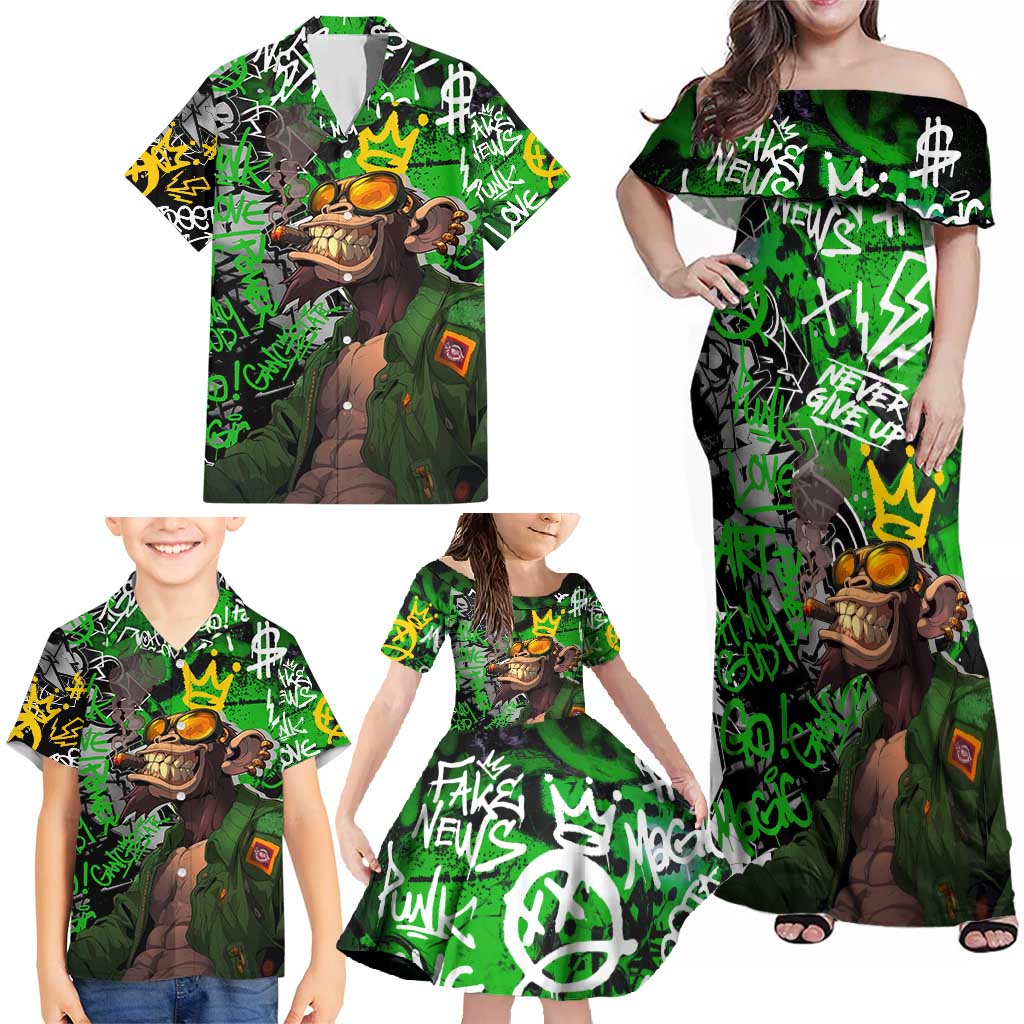Graffiti Street Art Family Matching Off Shoulder Maxi Dress and Hawaiian Shirt Smoking Ape Character and Neon Crown Symbols in Green and Yellow Graphic Design - Wonder Print Shop