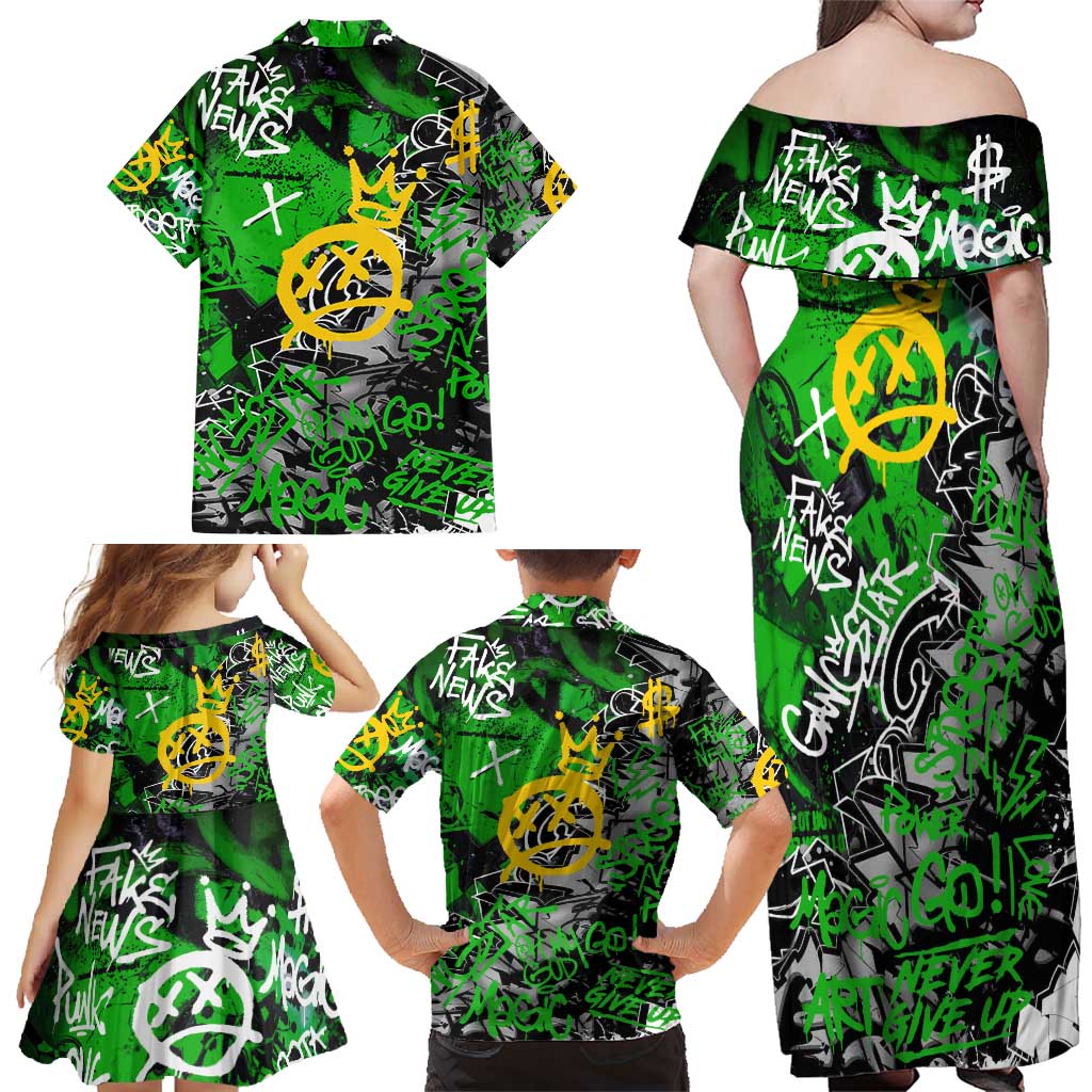 Graffiti Street Art Family Matching Off Shoulder Maxi Dress and Hawaiian Shirt Smoking Ape Character and Neon Crown Symbols in Green and Yellow Graphic Design - Wonder Print Shop