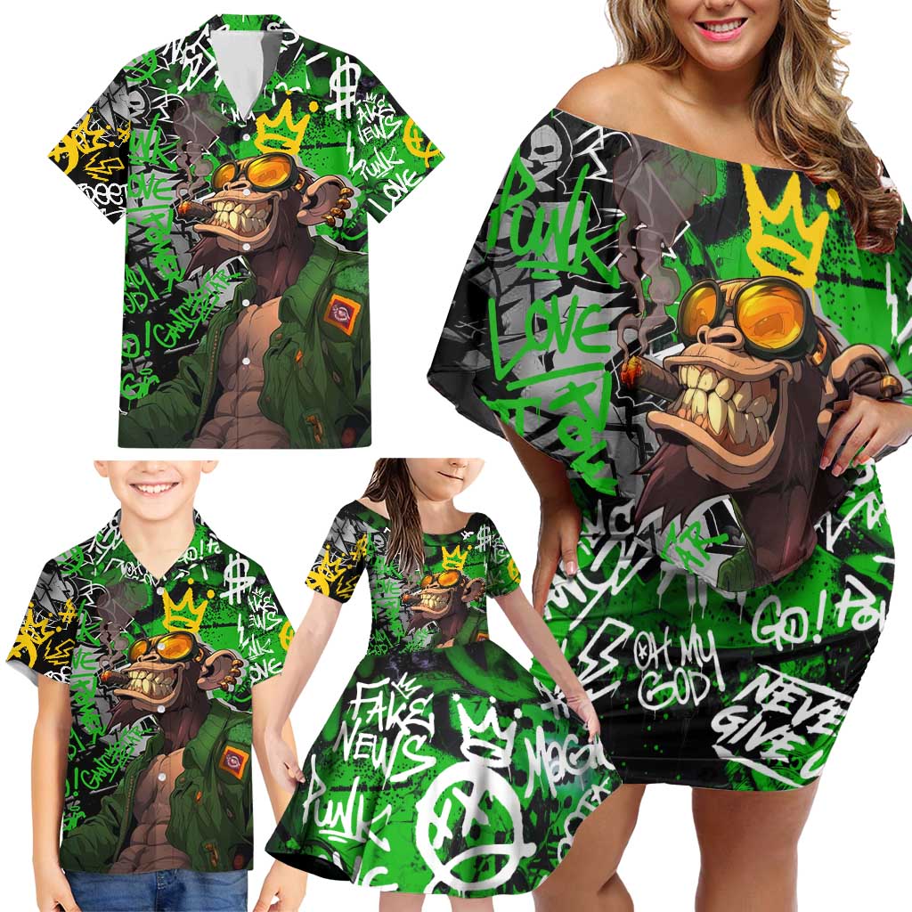 Graffiti Street Art Family Matching Off Shoulder Short Dress and Hawaiian Shirt Smoking Ape Character and Neon Crown Symbols in Green and Yellow Graphic Design - Wonder Print Shop