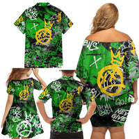 Graffiti Street Art Family Matching Off Shoulder Short Dress and Hawaiian Shirt Smoking Ape Character and Neon Crown Symbols in Green and Yellow Graphic Design - Wonder Print Shop