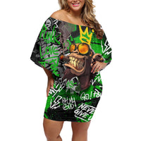 Graffiti Street Art Family Matching Off Shoulder Short Dress and Hawaiian Shirt Smoking Ape Character and Neon Crown Symbols in Green and Yellow Graphic Design - Wonder Print Shop