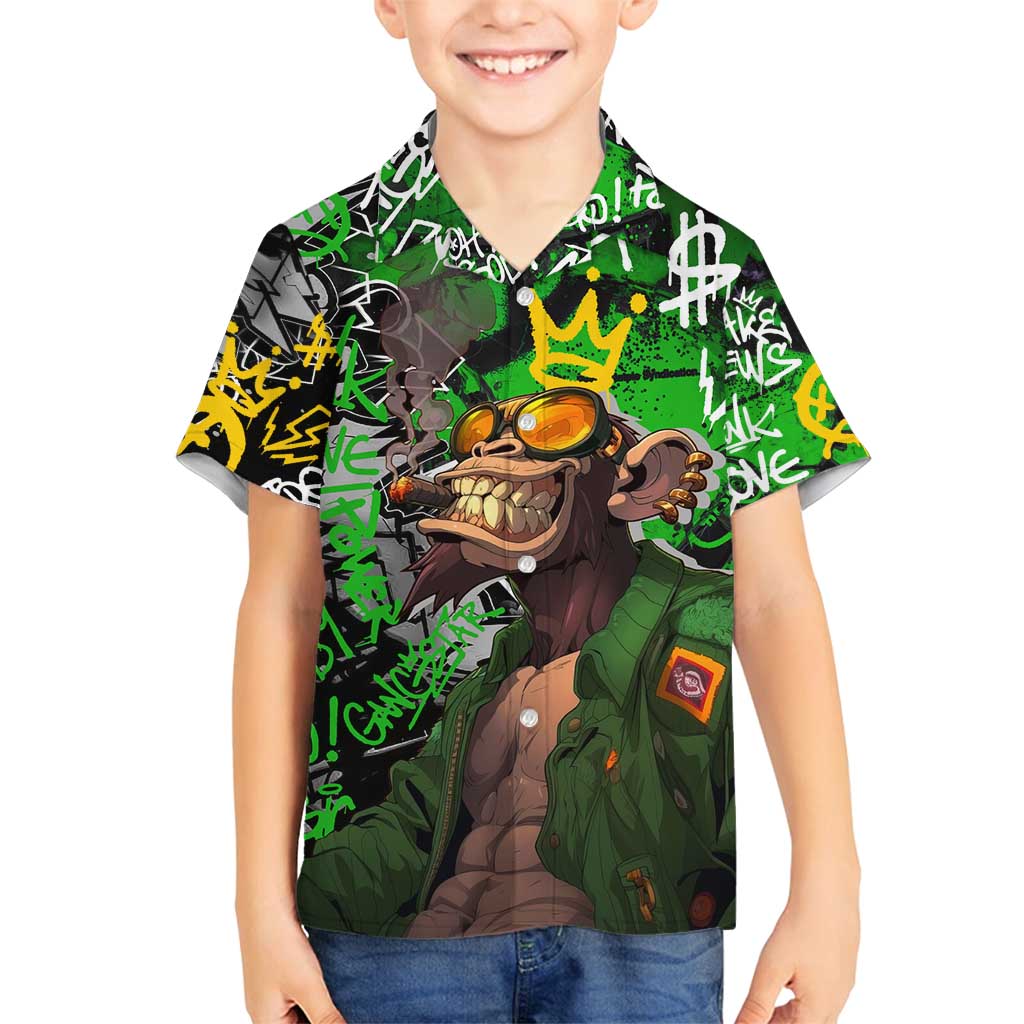 Graffiti Street Art Family Matching Off Shoulder Short Dress and Hawaiian Shirt Smoking Ape Character and Neon Crown Symbols in Green and Yellow Graphic Design - Wonder Print Shop