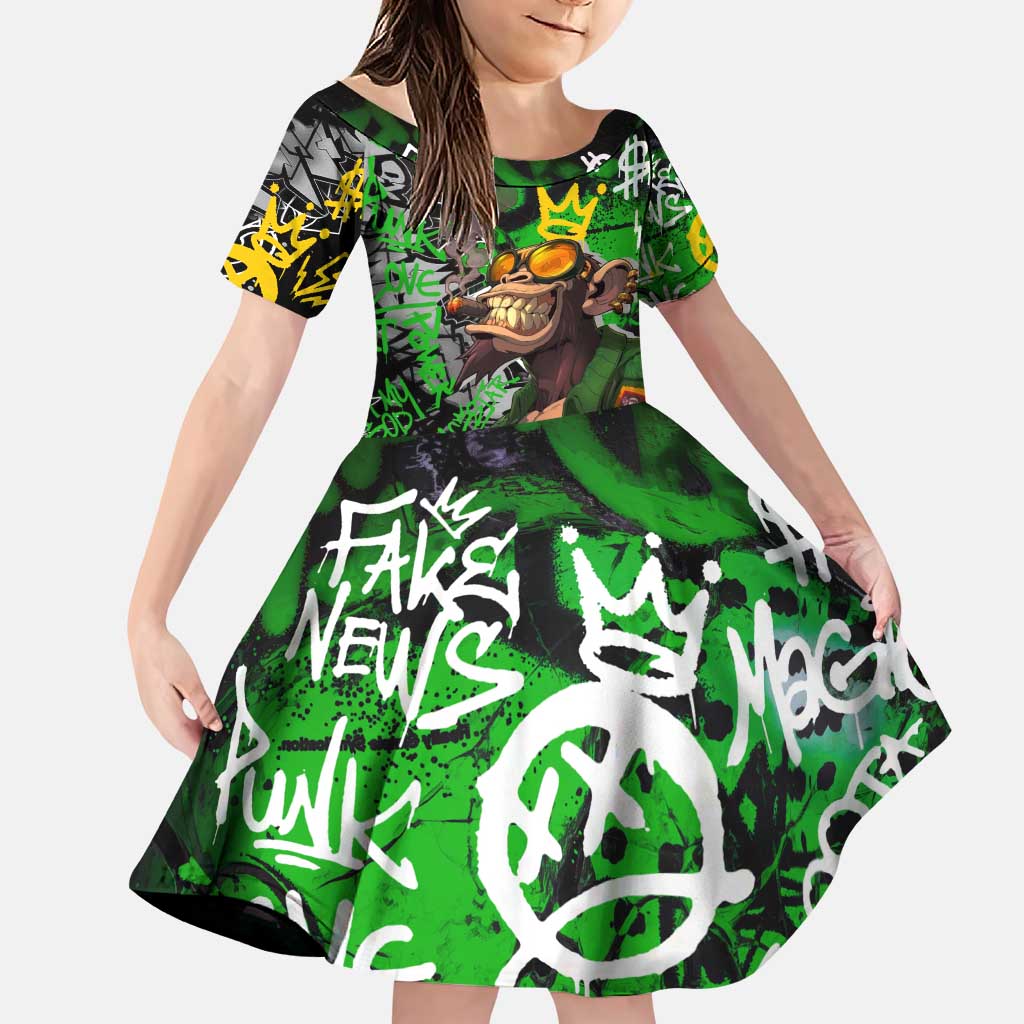 Graffiti Street Art Family Matching Puletasi and Hawaiian Shirt Smoking Ape Character and Neon Crown Symbols in Green and Yellow Graphic Design - Wonder Print Shop