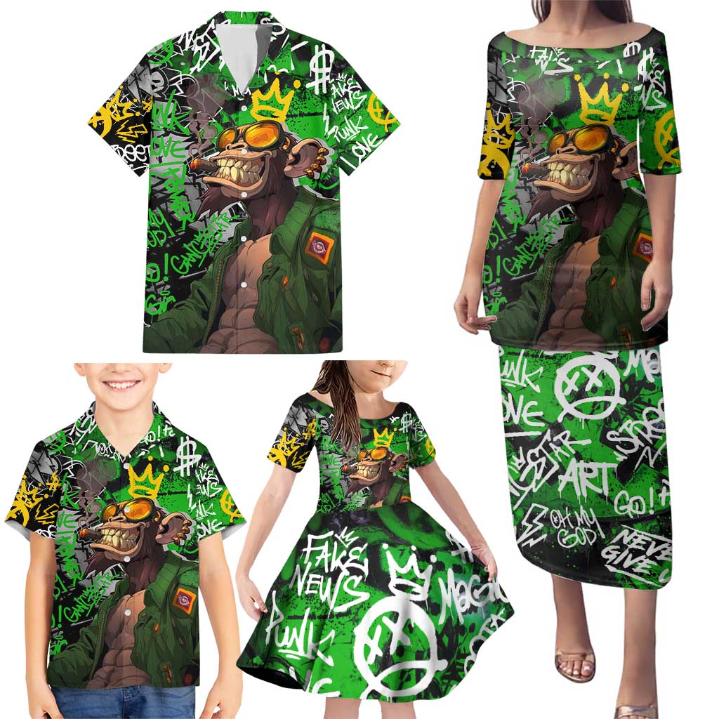 Graffiti Street Art Family Matching Puletasi and Hawaiian Shirt Smoking Ape Character and Neon Crown Symbols in Green and Yellow Graphic Design - Wonder Print Shop