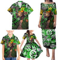 Graffiti Street Art Family Matching Puletasi and Hawaiian Shirt Smoking Ape Character and Neon Crown Symbols in Green and Yellow Graphic Design - Wonder Print Shop