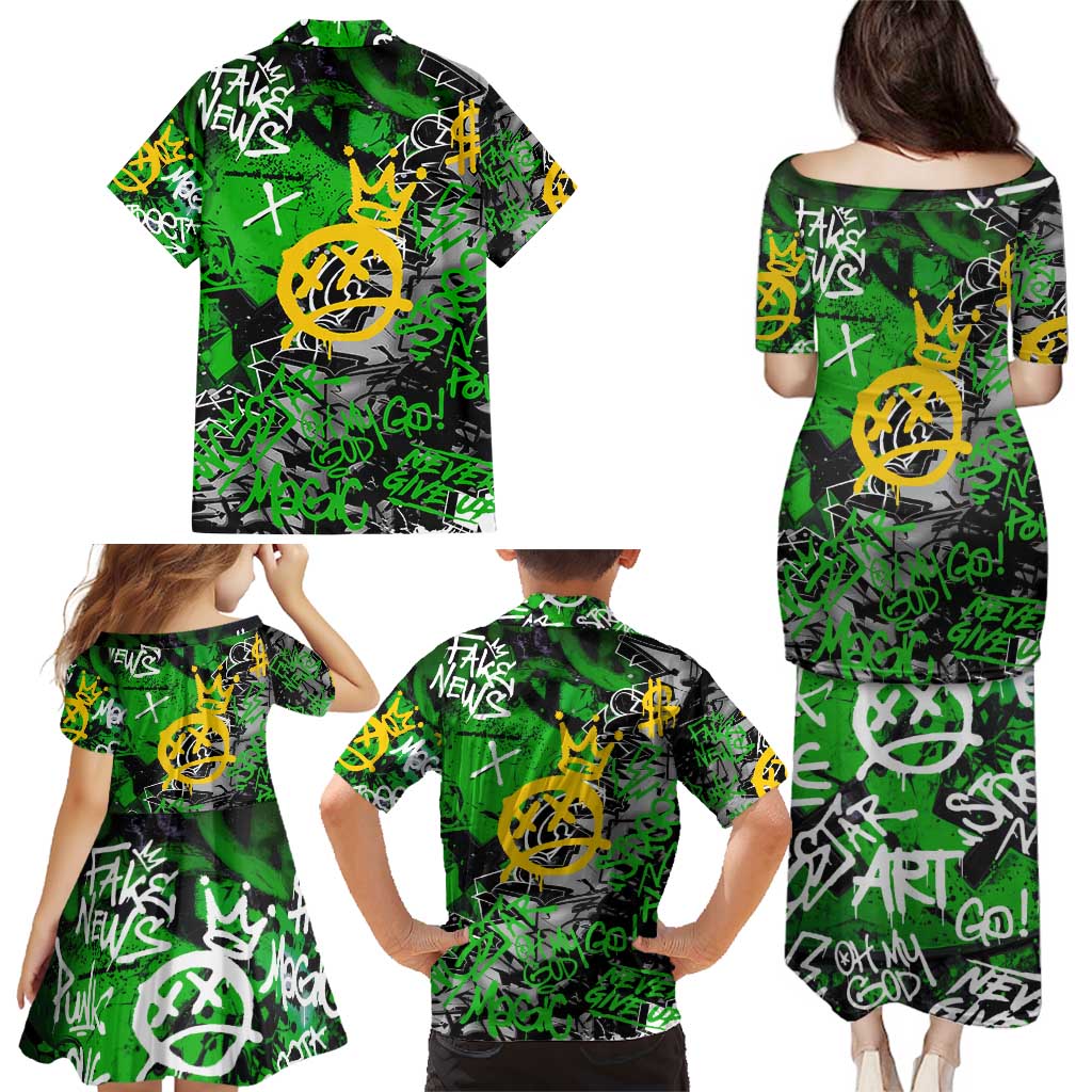 Graffiti Street Art Family Matching Puletasi and Hawaiian Shirt Smoking Ape Character and Neon Crown Symbols in Green and Yellow Graphic Design - Wonder Print Shop