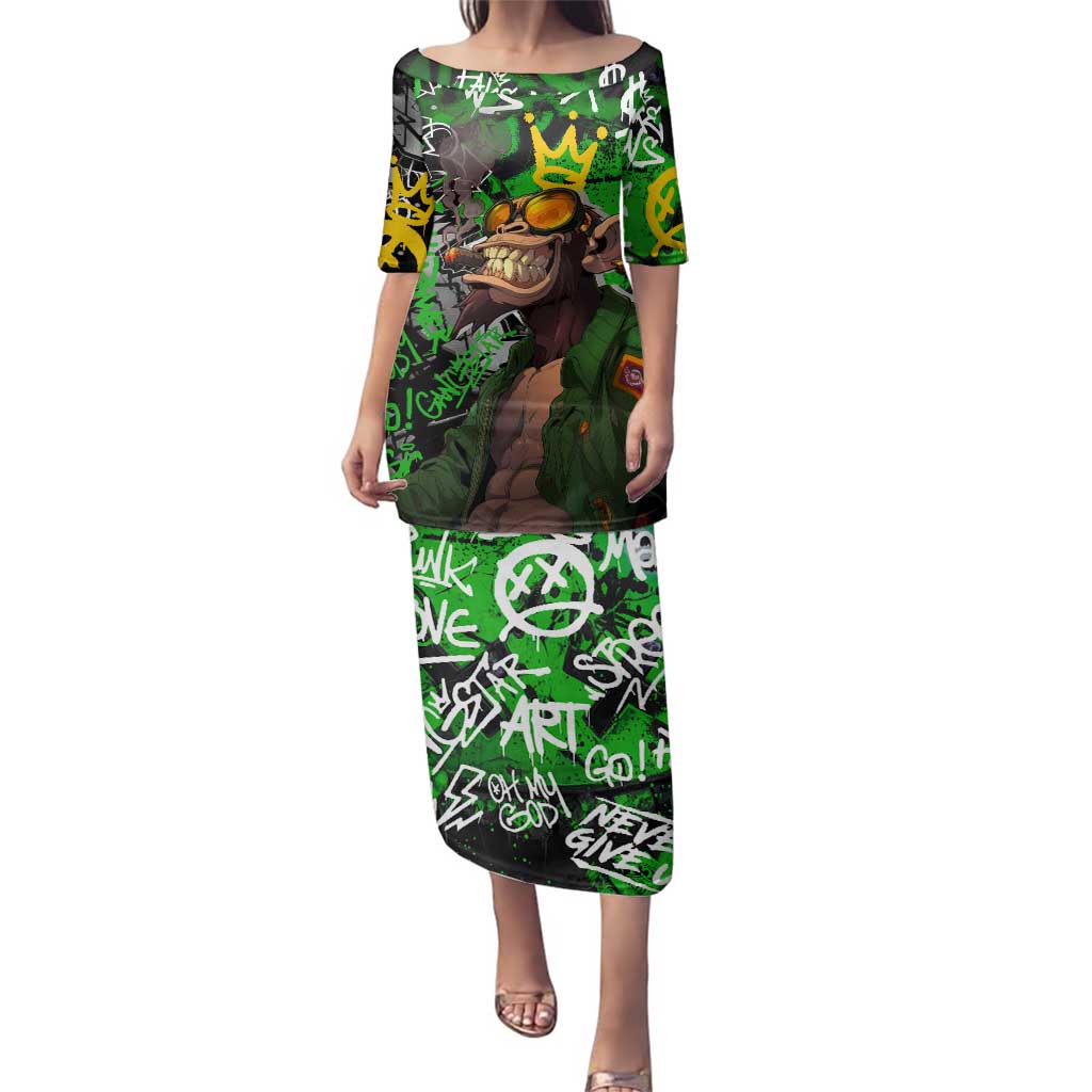 Graffiti Street Art Family Matching Puletasi and Hawaiian Shirt Smoking Ape Character and Neon Crown Symbols in Green and Yellow Graphic Design - Wonder Print Shop
