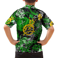 Graffiti Street Art Family Matching Short Sleeve Bodycon Dress and Hawaiian Shirt Smoking Ape Character and Neon Crown Symbols in Green and Yellow Graphic Design - Wonder Print Shop