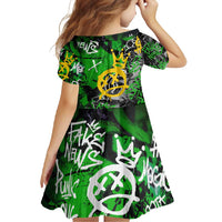 Graffiti Street Art Family Matching Short Sleeve Bodycon Dress and Hawaiian Shirt Smoking Ape Character and Neon Crown Symbols in Green and Yellow Graphic Design - Wonder Print Shop