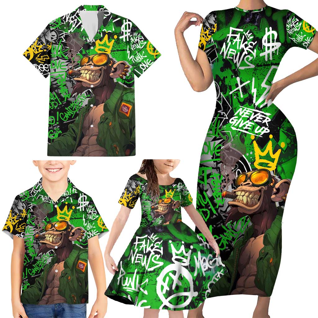 Graffiti Street Art Family Matching Short Sleeve Bodycon Dress and Hawaiian Shirt Smoking Ape Character and Neon Crown Symbols in Green and Yellow Graphic Design - Wonder Print Shop