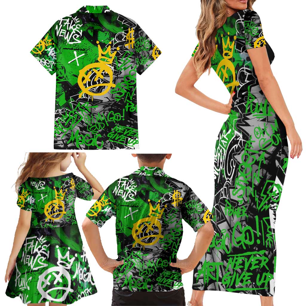Graffiti Street Art Family Matching Short Sleeve Bodycon Dress and Hawaiian Shirt Smoking Ape Character and Neon Crown Symbols in Green and Yellow Graphic Design - Wonder Print Shop