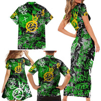 Graffiti Street Art Family Matching Short Sleeve Bodycon Dress and Hawaiian Shirt Smoking Ape Character and Neon Crown Symbols in Green and Yellow Graphic Design - Wonder Print Shop