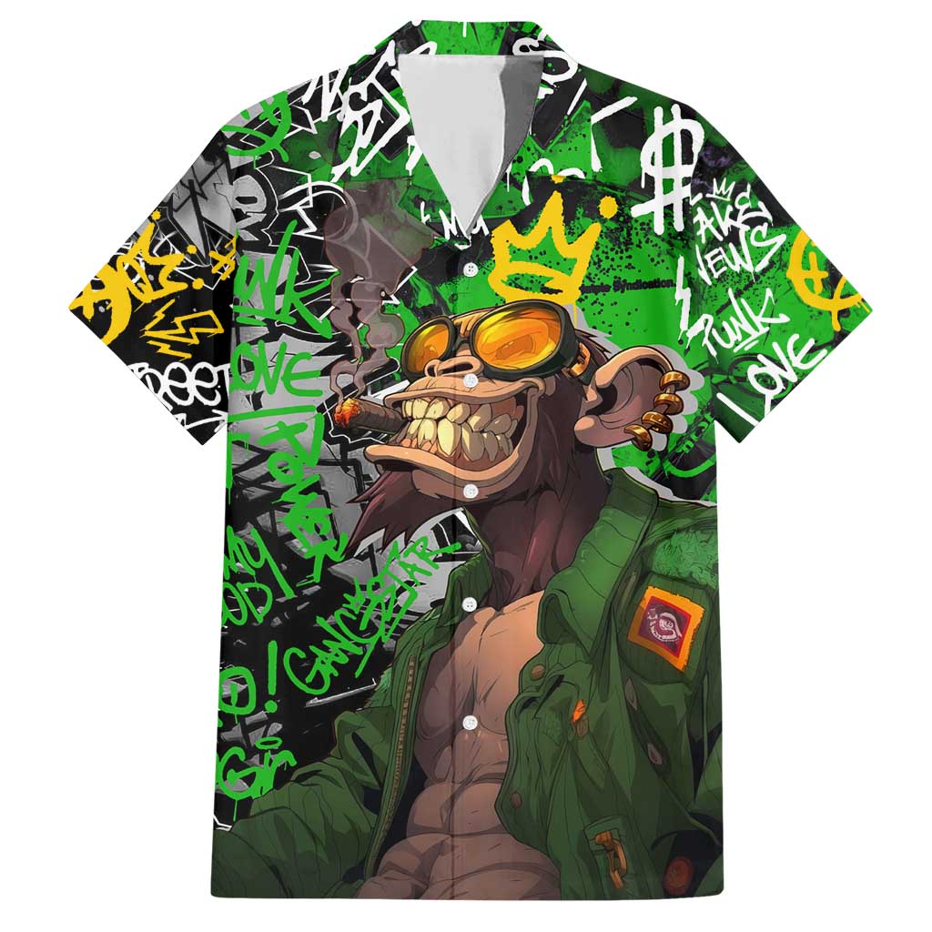 Graffiti Street Art Family Matching Short Sleeve Bodycon Dress and Hawaiian Shirt Smoking Ape Character and Neon Crown Symbols in Green and Yellow Graphic Design - Wonder Print Shop