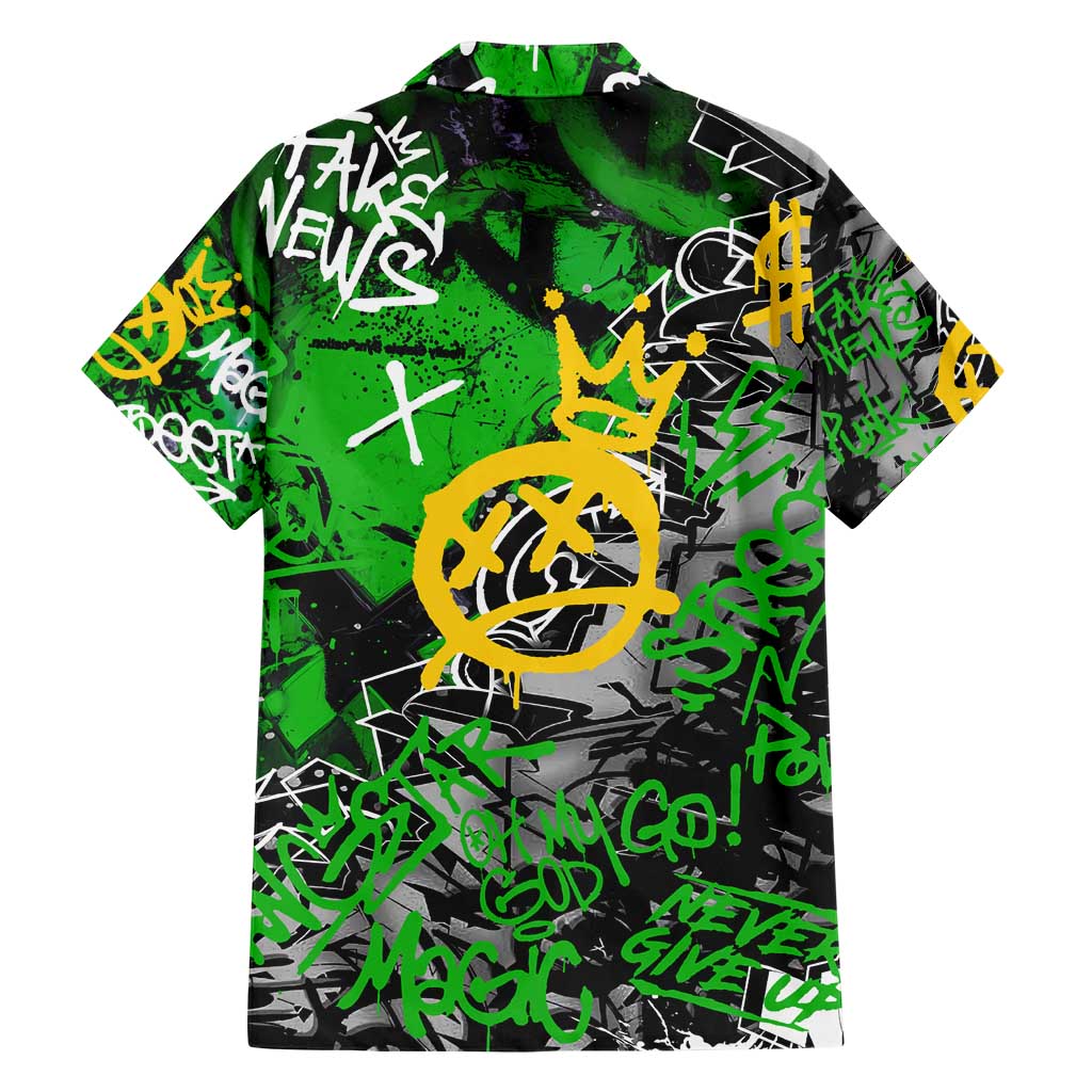 Graffiti Street Art Family Matching Short Sleeve Bodycon Dress and Hawaiian Shirt Smoking Ape Character and Neon Crown Symbols in Green and Yellow Graphic Design - Wonder Print Shop
