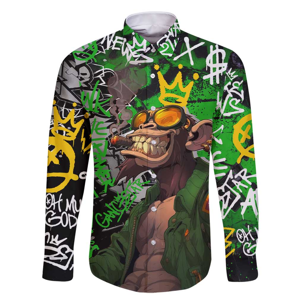 Graffiti Street Art Family Matching Short Sleeve Bodycon Dress and Hawaiian Shirt Smoking Ape Character and Neon Crown Symbols in Green and Yellow Graphic Design - Wonder Print Shop