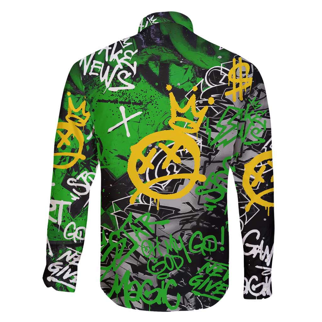 Graffiti Street Art Family Matching Short Sleeve Bodycon Dress and Hawaiian Shirt Smoking Ape Character and Neon Crown Symbols in Green and Yellow Graphic Design - Wonder Print Shop