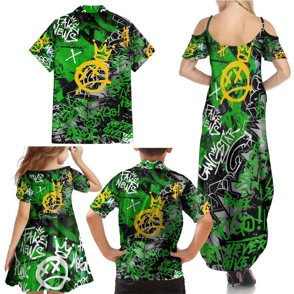 Graffiti Street Art Family Matching Summer Maxi Dress and Hawaiian Shirt Smoking Ape Character and Neon Crown Symbols in Green and Yellow Graphic Design - Wonder Print Shop