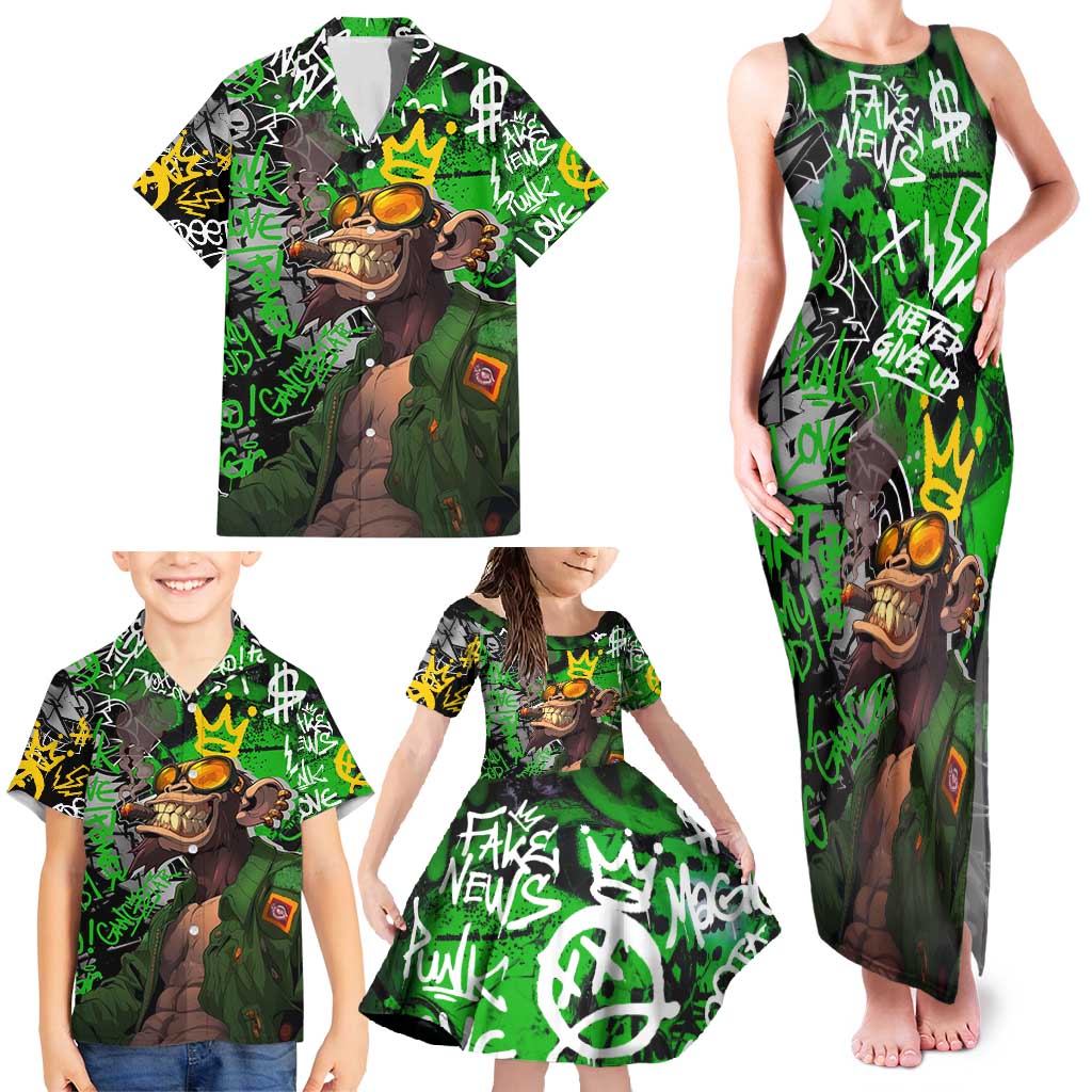 Graffiti Street Art Family Matching Tank Maxi Dress and Hawaiian Shirt Smoking Ape Character and Neon Crown Symbols in Green and Yellow Graphic Design - Wonder Print Shop