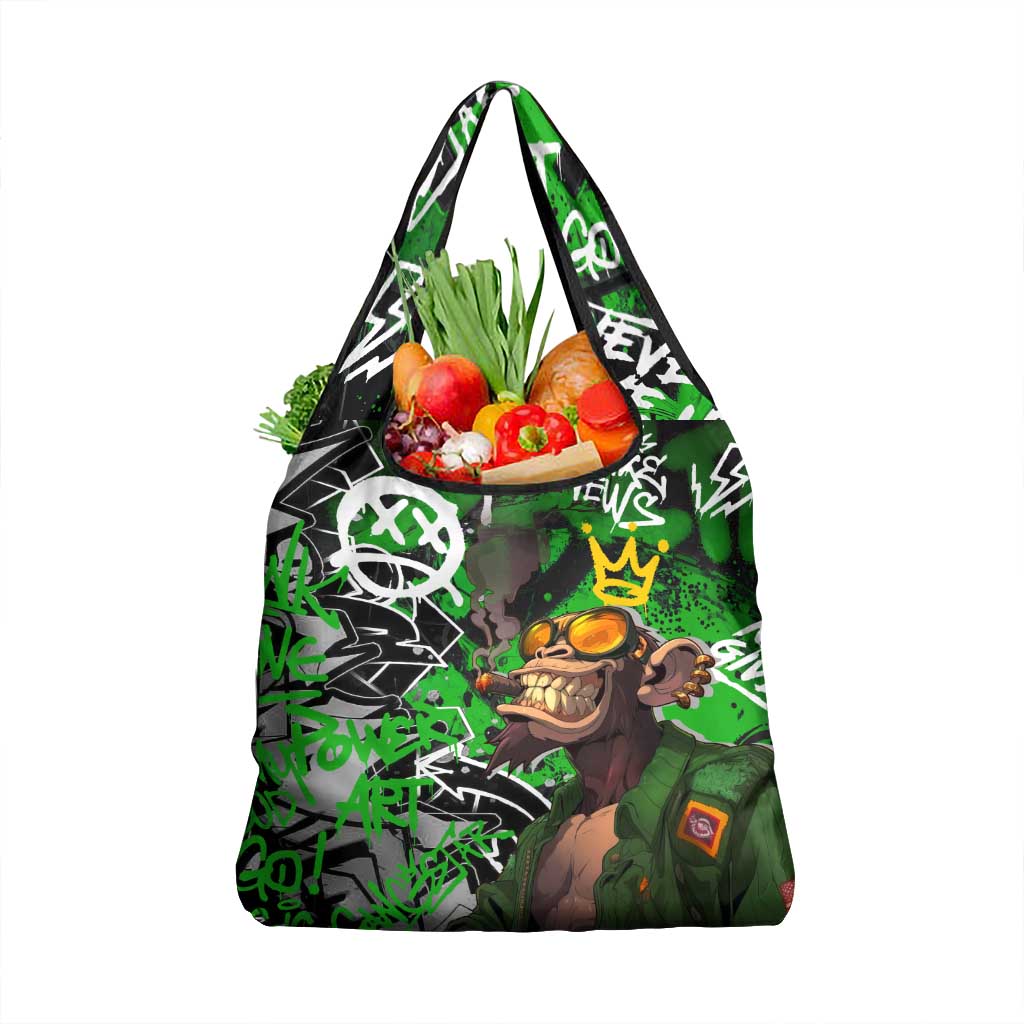 Graffiti Street Art Grocery Bag Smoking Ape Character and Neon Crown Symbols in Green and Yellow Graphic Design - Wonder Print Shop