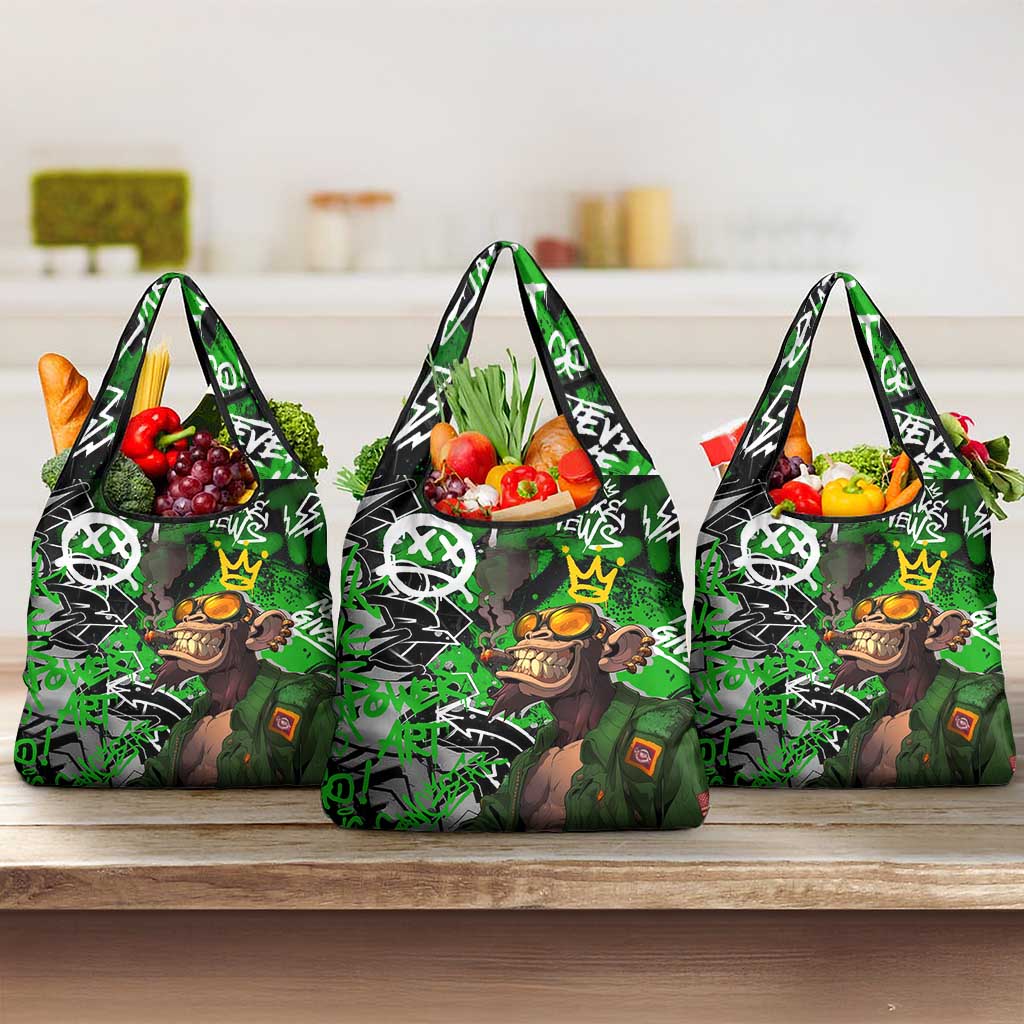 Graffiti Street Art Grocery Bag Smoking Ape Character and Neon Crown Symbols in Green and Yellow Graphic Design - Wonder Print Shop
