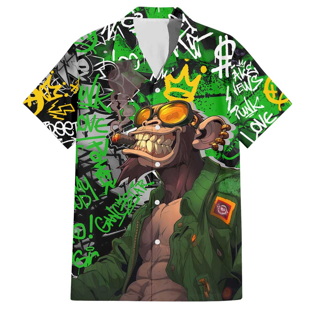Graffiti Street Art Hawaiian Shirt Smoking Ape Character and Neon Crown Symbols in Green and Yellow Graphic Design - Wonder Print Shop