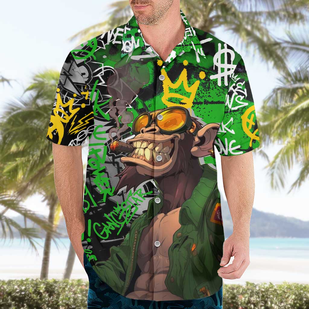 Graffiti Street Art Hawaiian Shirt Smoking Ape Character and Neon Crown Symbols in Green and Yellow Graphic Design - Wonder Print Shop
