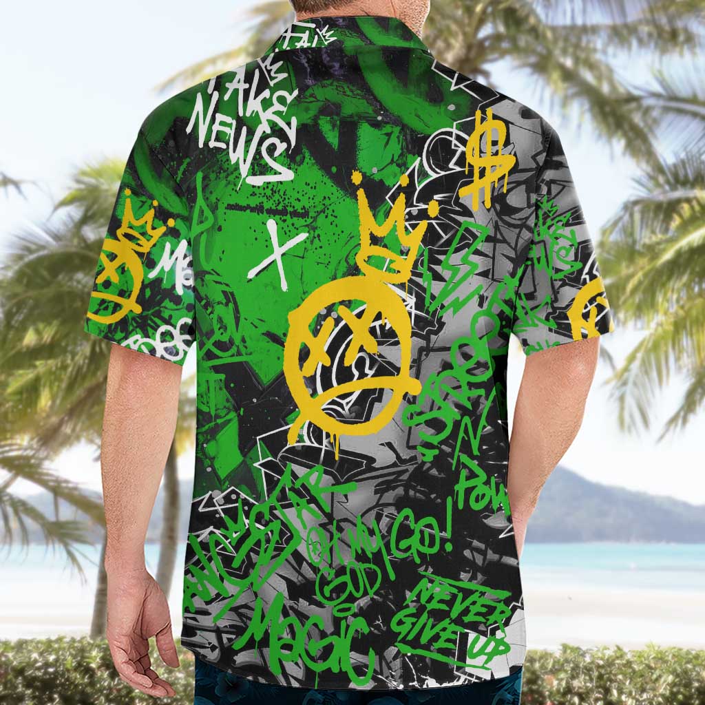 Graffiti Street Art Hawaiian Shirt Smoking Ape Character and Neon Crown Symbols in Green and Yellow Graphic Design - Wonder Print Shop