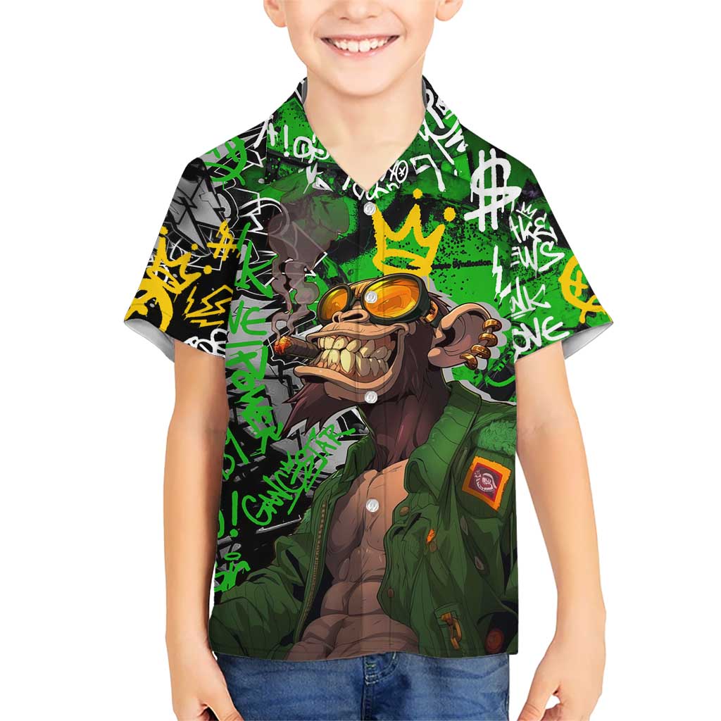 Graffiti Street Art Hawaiian Shirt Smoking Ape Character and Neon Crown Symbols in Green and Yellow Graphic Design - Wonder Print Shop