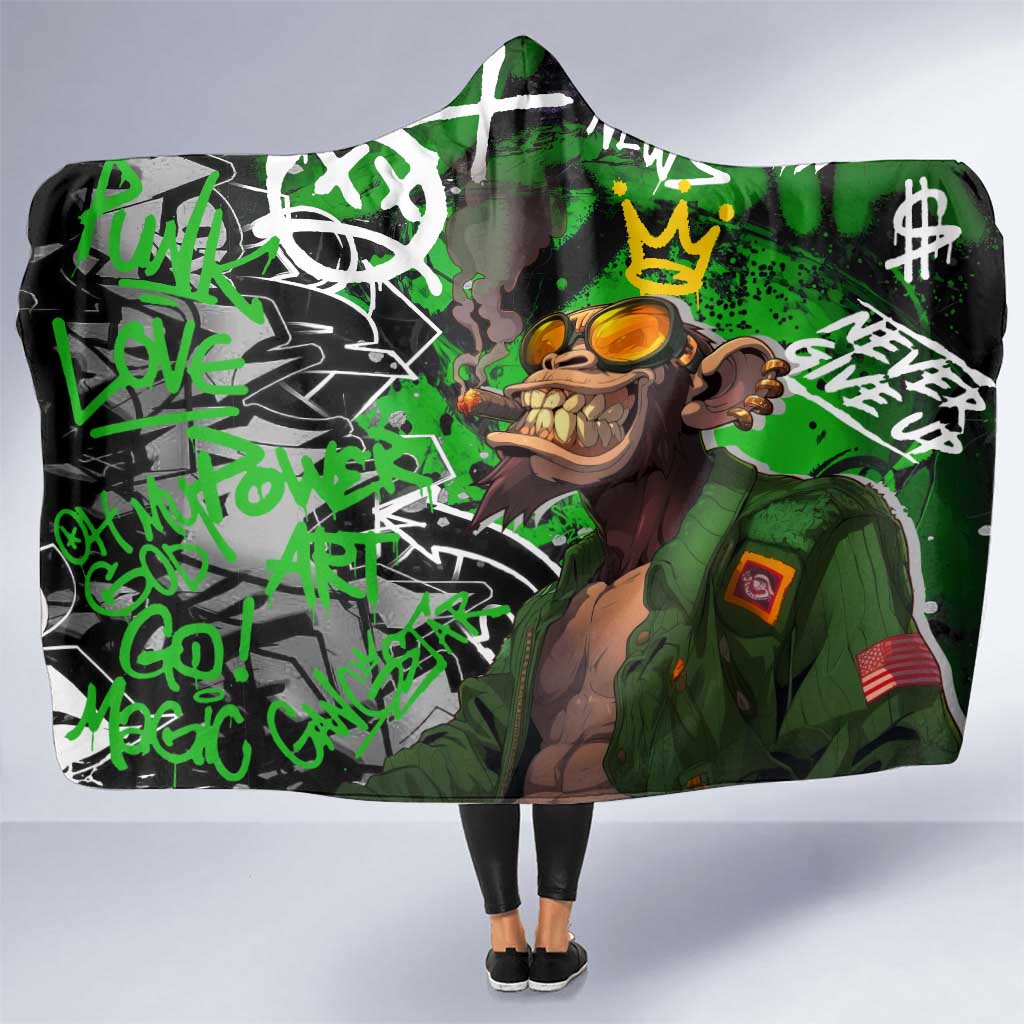 Graffiti Street Art Hooded Blanket Smoking Ape Character and Neon Crown Symbols in Green and Yellow Graphic Design - Wonder Print Shop