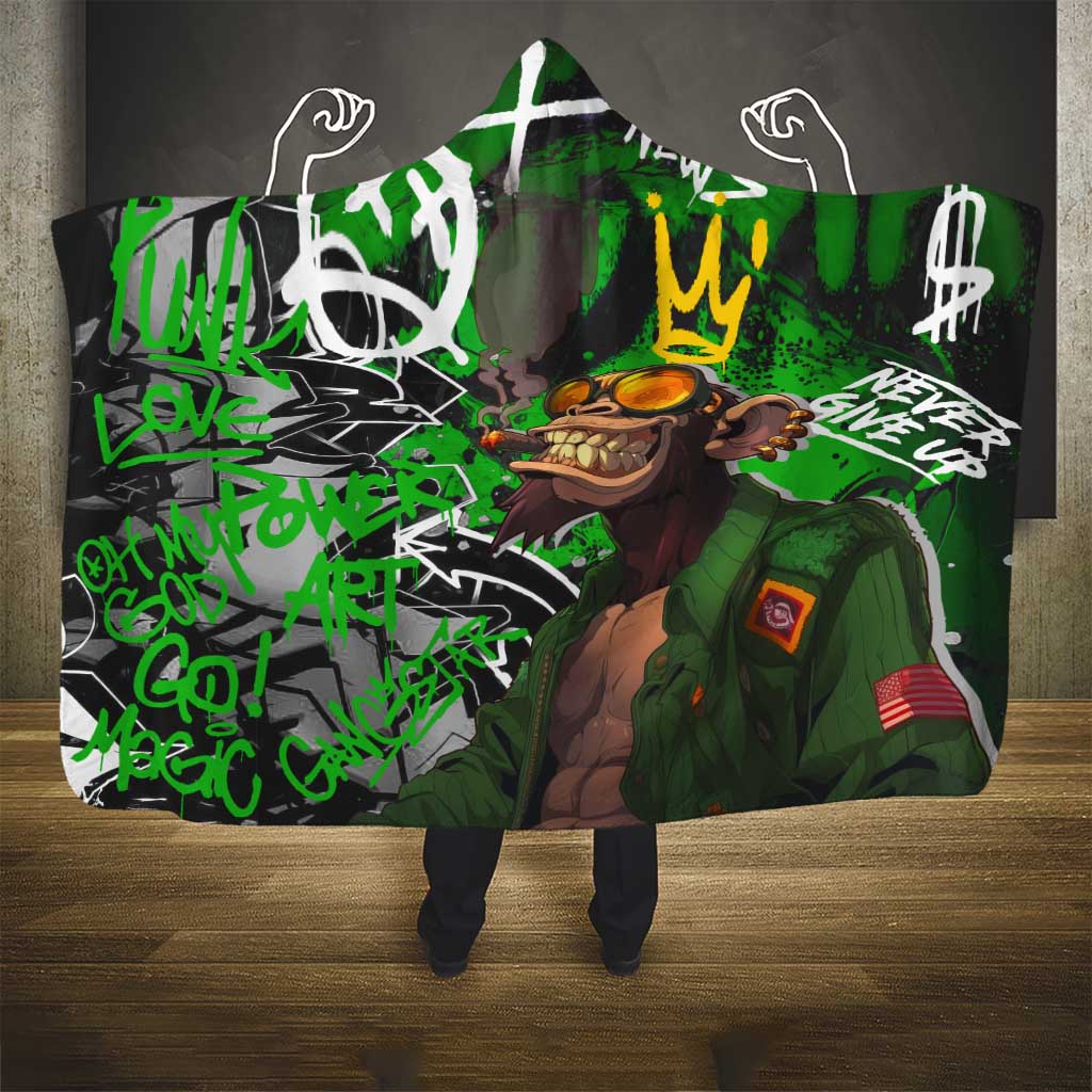 Graffiti Street Art Hooded Blanket Smoking Ape Character and Neon Crown Symbols in Green and Yellow Graphic Design - Wonder Print Shop
