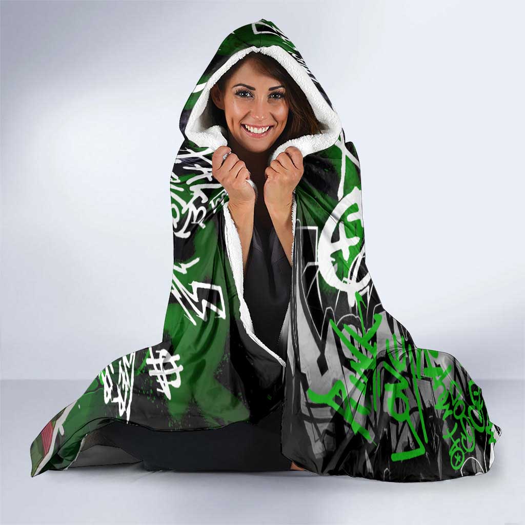 Graffiti Street Art Hooded Blanket Smoking Ape Character and Neon Crown Symbols in Green and Yellow Graphic Design - Wonder Print Shop