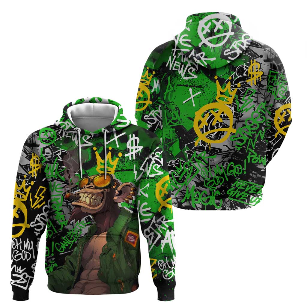 Graffiti Street Art Hoodie Smoking Ape Character and Neon Crown Symbols in Green and Yellow Graphic Design - Wonder Print Shop