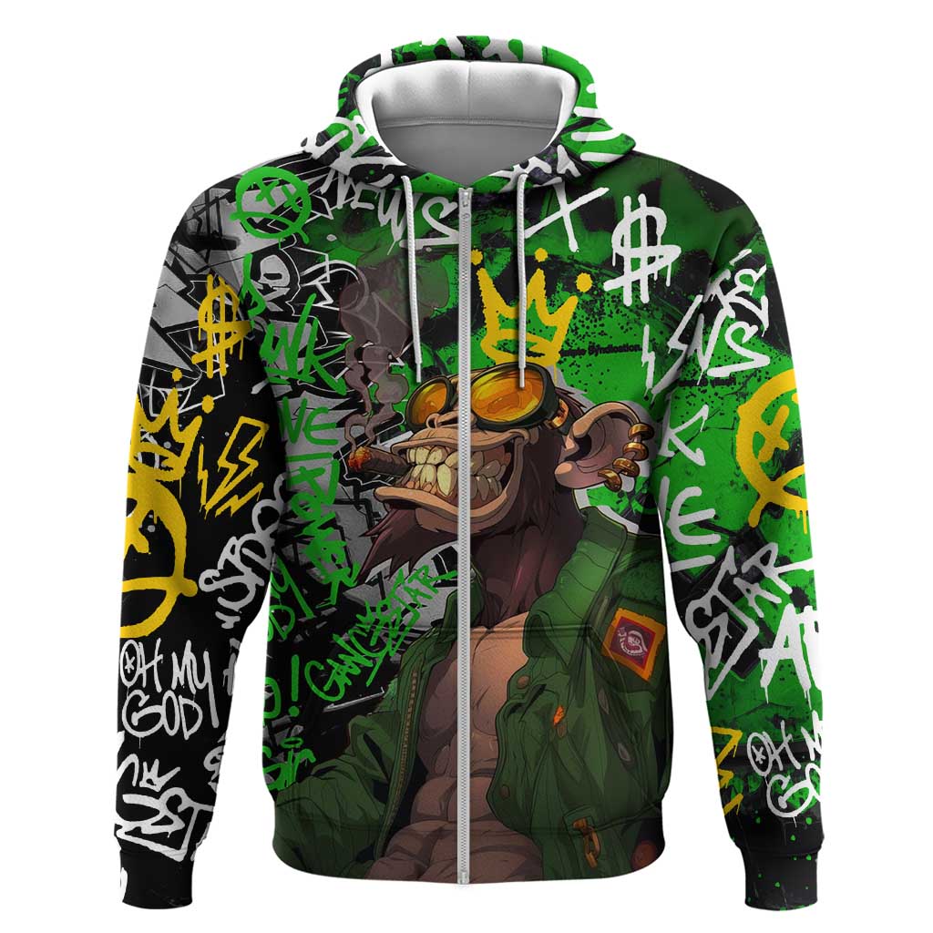 Graffiti Street Art Hoodie Smoking Ape Character and Neon Crown Symbols in Green and Yellow Graphic Design - Wonder Print Shop