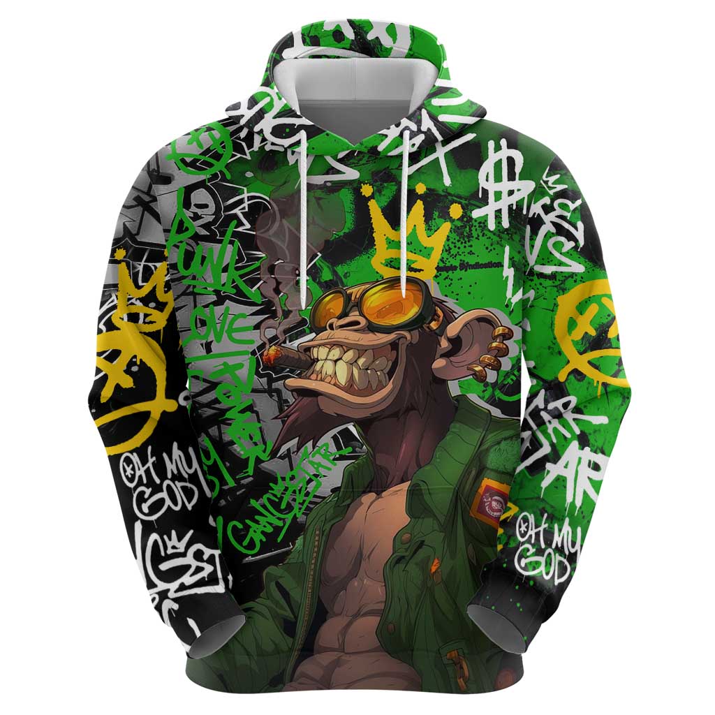 Graffiti Street Art Hoodie Smoking Ape Character and Neon Crown Symbols in Green and Yellow Graphic Design - Wonder Print Shop