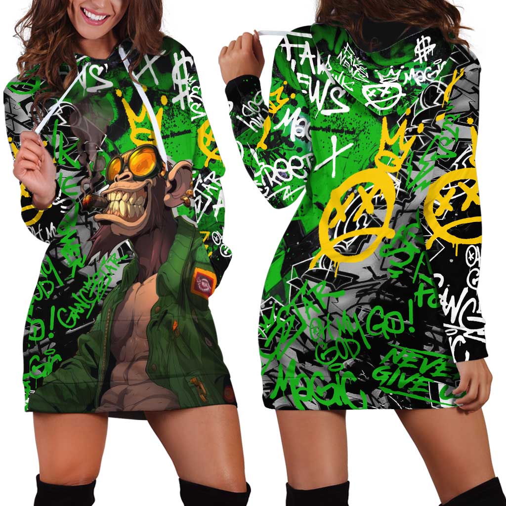 Graffiti Street Art Hoodie Dress Smoking Ape Character and Neon Crown Symbols in Green and Yellow Graphic Design - Wonder Print Shop