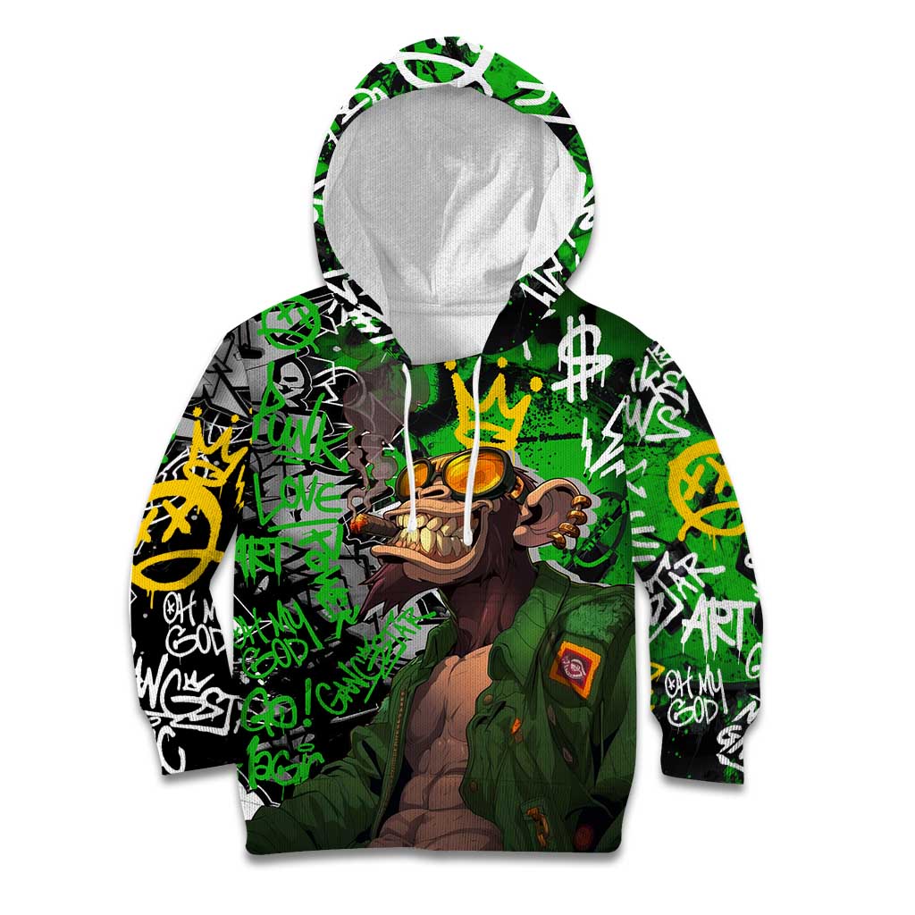 Graffiti Street Art Kid Hoodie Smoking Ape Character and Neon Crown Symbols in Green and Yellow Graphic Design - Wonder Print Shop
