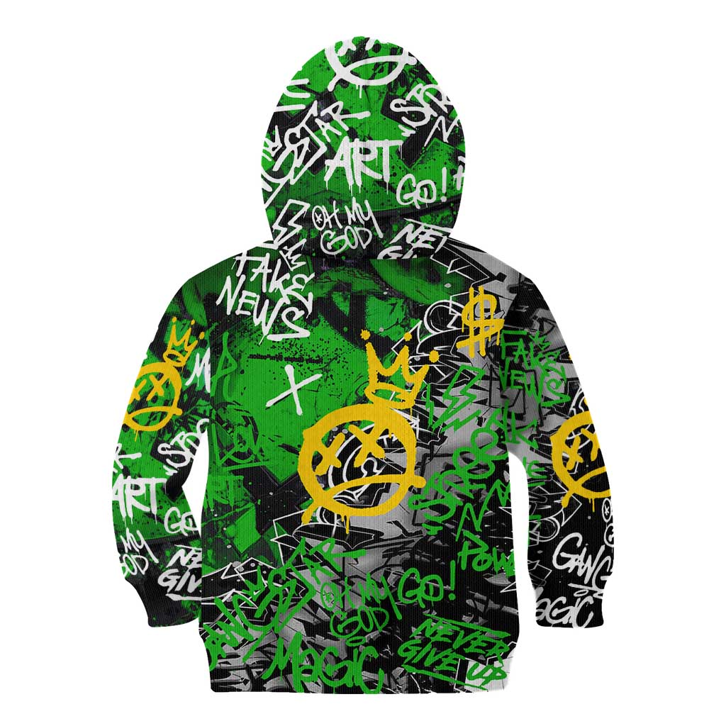 Graffiti Street Art Kid Hoodie Smoking Ape Character and Neon Crown Symbols in Green and Yellow Graphic Design - Wonder Print Shop