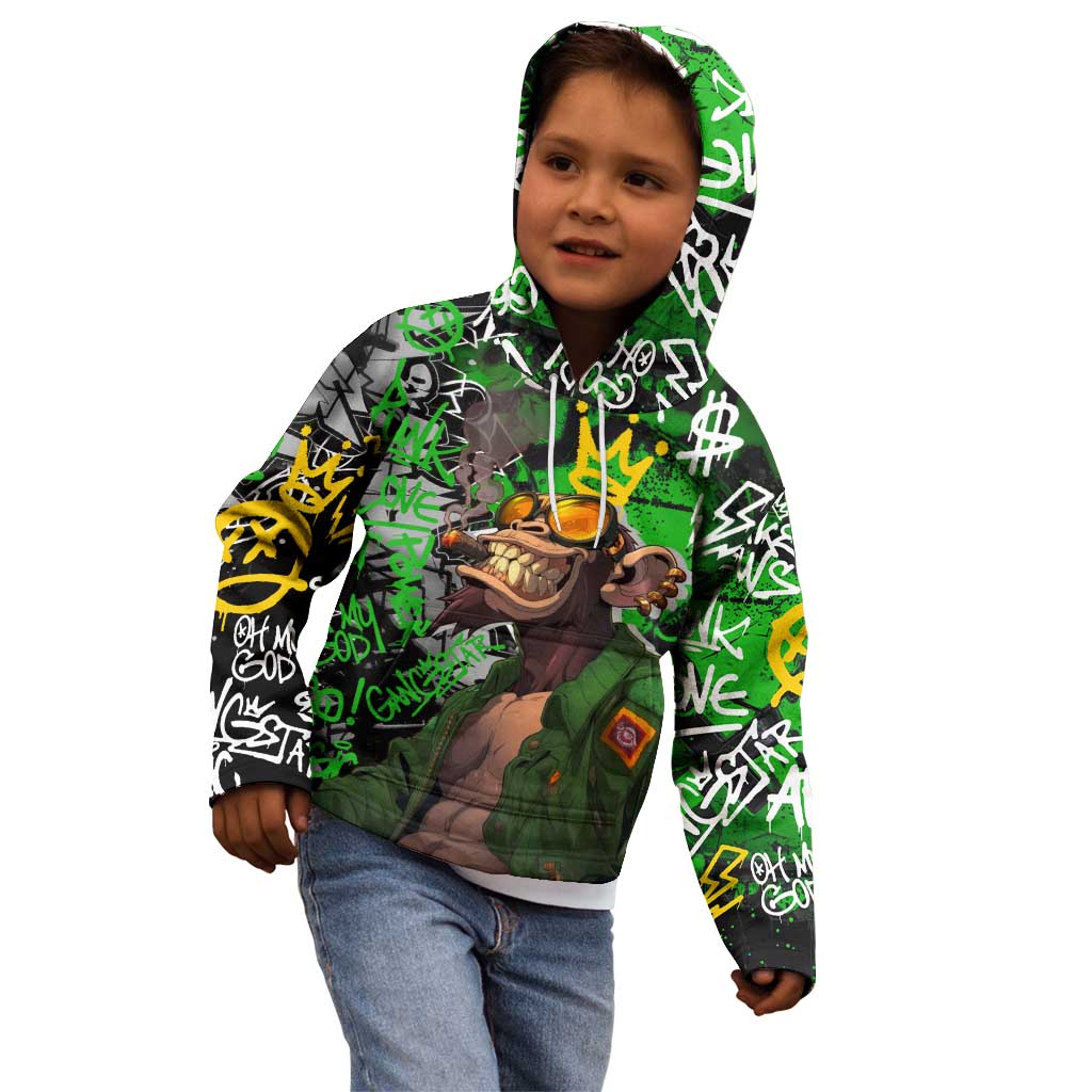 Graffiti Street Art Kid Hoodie Smoking Ape Character and Neon Crown Symbols in Green and Yellow Graphic Design - Wonder Print Shop