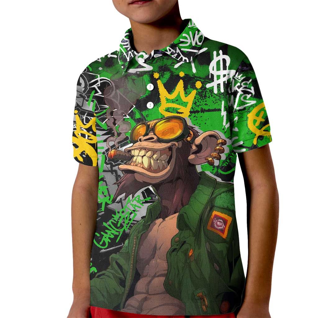 Graffiti Street Art Kid Polo Shirt Smoking Ape Character and Neon Crown Symbols in Green and Yellow Graphic Design - Wonder Print Shop