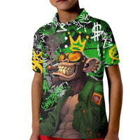 Graffiti Street Art Kid Polo Shirt Smoking Ape Character and Neon Crown Symbols in Green and Yellow Graphic Design - Wonder Print Shop