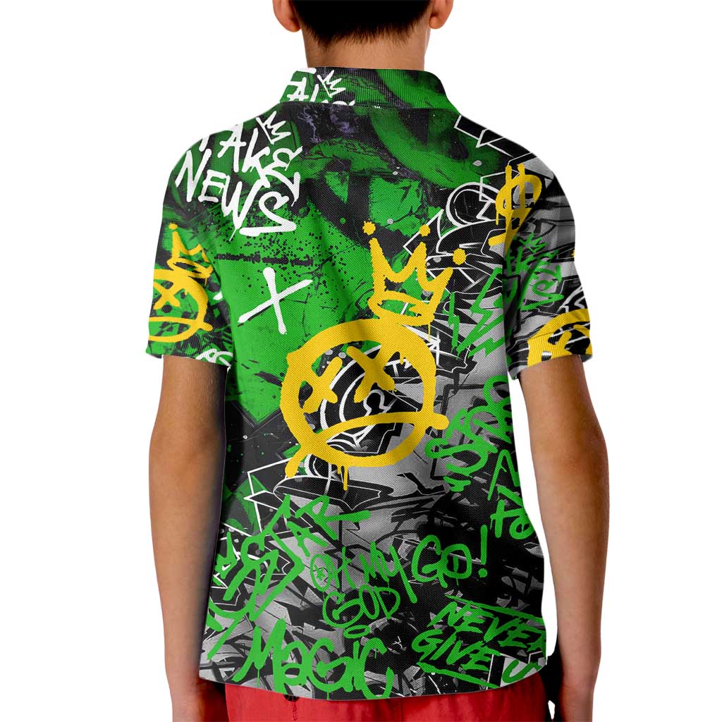 Graffiti Street Art Kid Polo Shirt Smoking Ape Character and Neon Crown Symbols in Green and Yellow Graphic Design - Wonder Print Shop