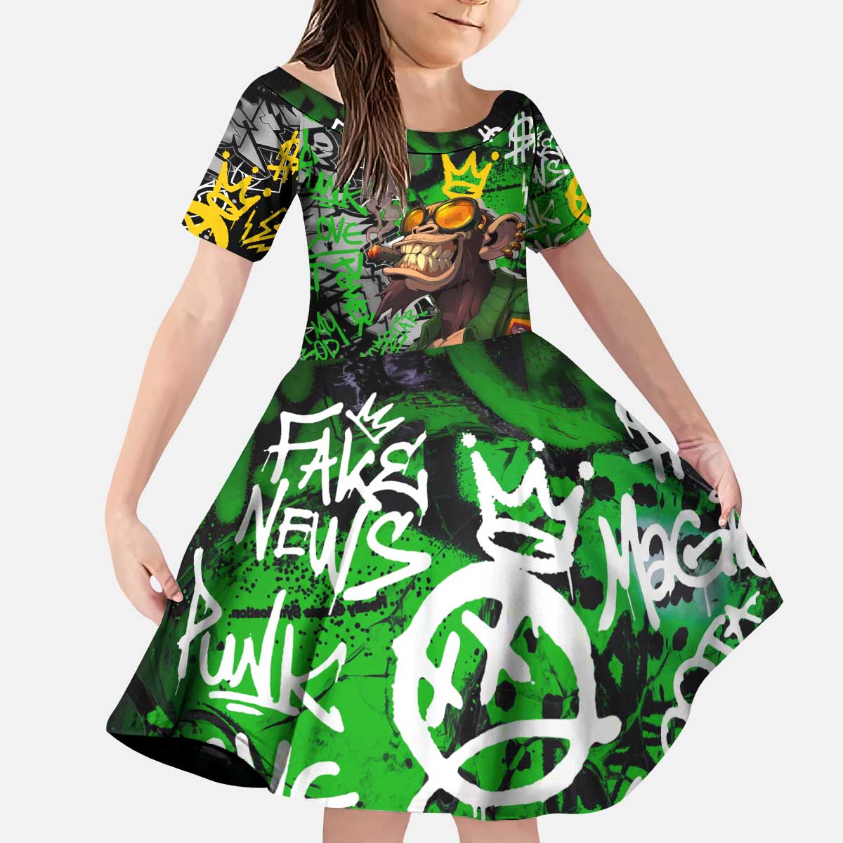 Graffiti Street Art Kid Short Sleeve Dress Smoking Ape Character and Neon Crown Symbols in Green and Yellow Graphic Design - Wonder Print Shop