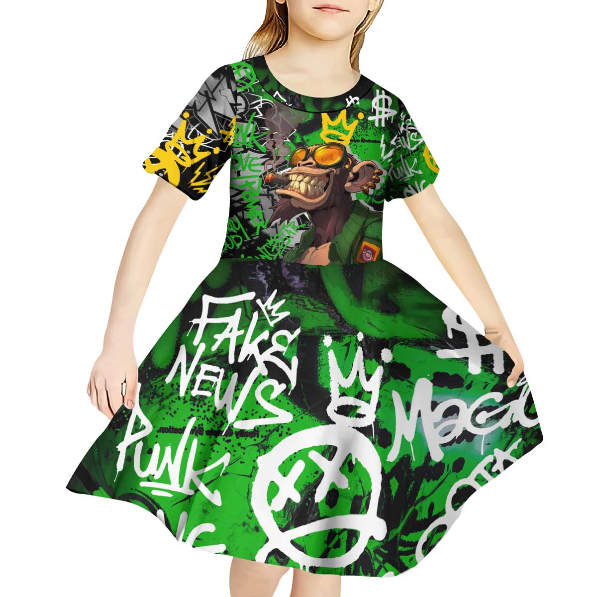 Graffiti Street Art Kid Short Sleeve Dress Smoking Ape Character and Neon Crown Symbols in Green and Yellow Graphic Design - Wonder Print Shop