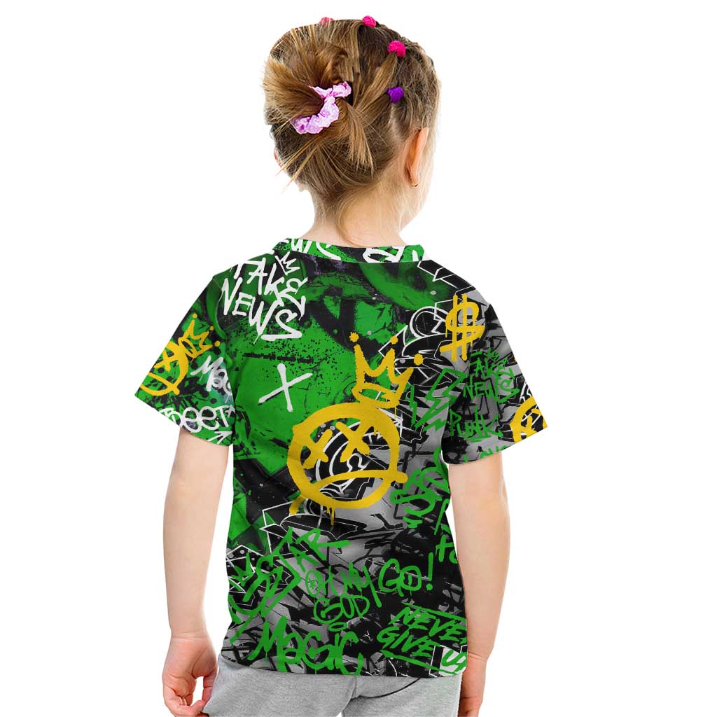 Graffiti Street Art Kid T Shirt Smoking Ape Character and Neon Crown Symbols in Green and Yellow Graphic Design - Wonder Print Shop