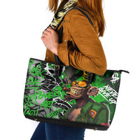 Graffiti Street Art Leather Tote Bag Smoking Ape Character and Neon Crown Symbols in Green and Yellow Graphic Design - Wonder Print Shop