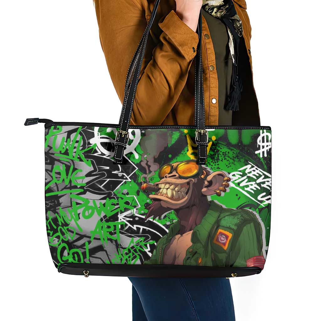Graffiti Street Art Leather Tote Bag Smoking Ape Character and Neon Crown Symbols in Green and Yellow Graphic Design - Wonder Print Shop