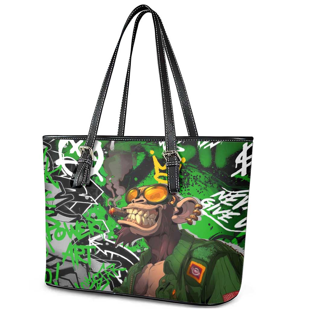 Graffiti Street Art Leather Tote Bag Smoking Ape Character and Neon Crown Symbols in Green and Yellow Graphic Design - Wonder Print Shop